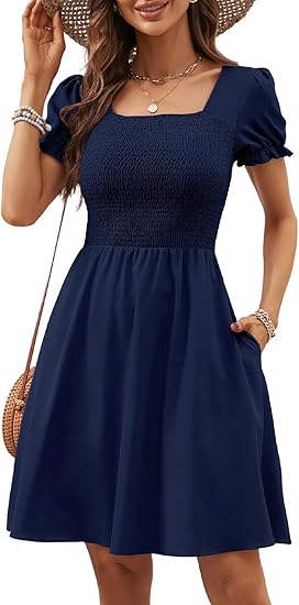 Women's Summer Dresses 2025 Pockets Short Sleeve Square Neck Flowy A Line Casual Boho Smocked Mini Sun Dress