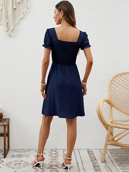 Women's Summer Dresses 2025 Pockets Short Sleeve Square Neck Flowy A Line Casual Boho Smocked Mini Sun Dress